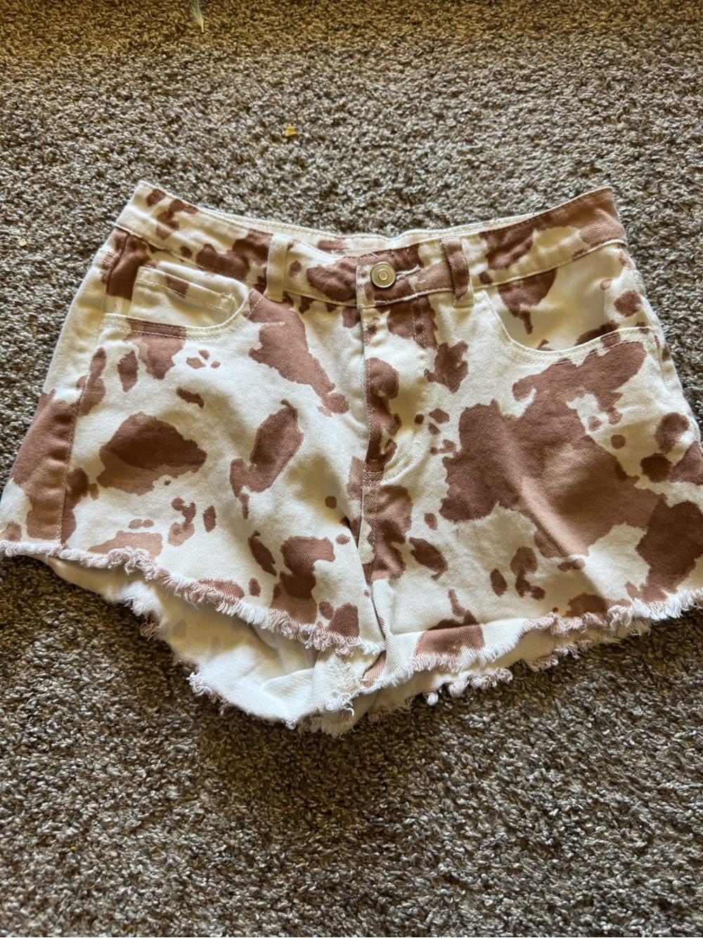 Altar'd State Beige and White Cow-Print Frayed Denim Shorts